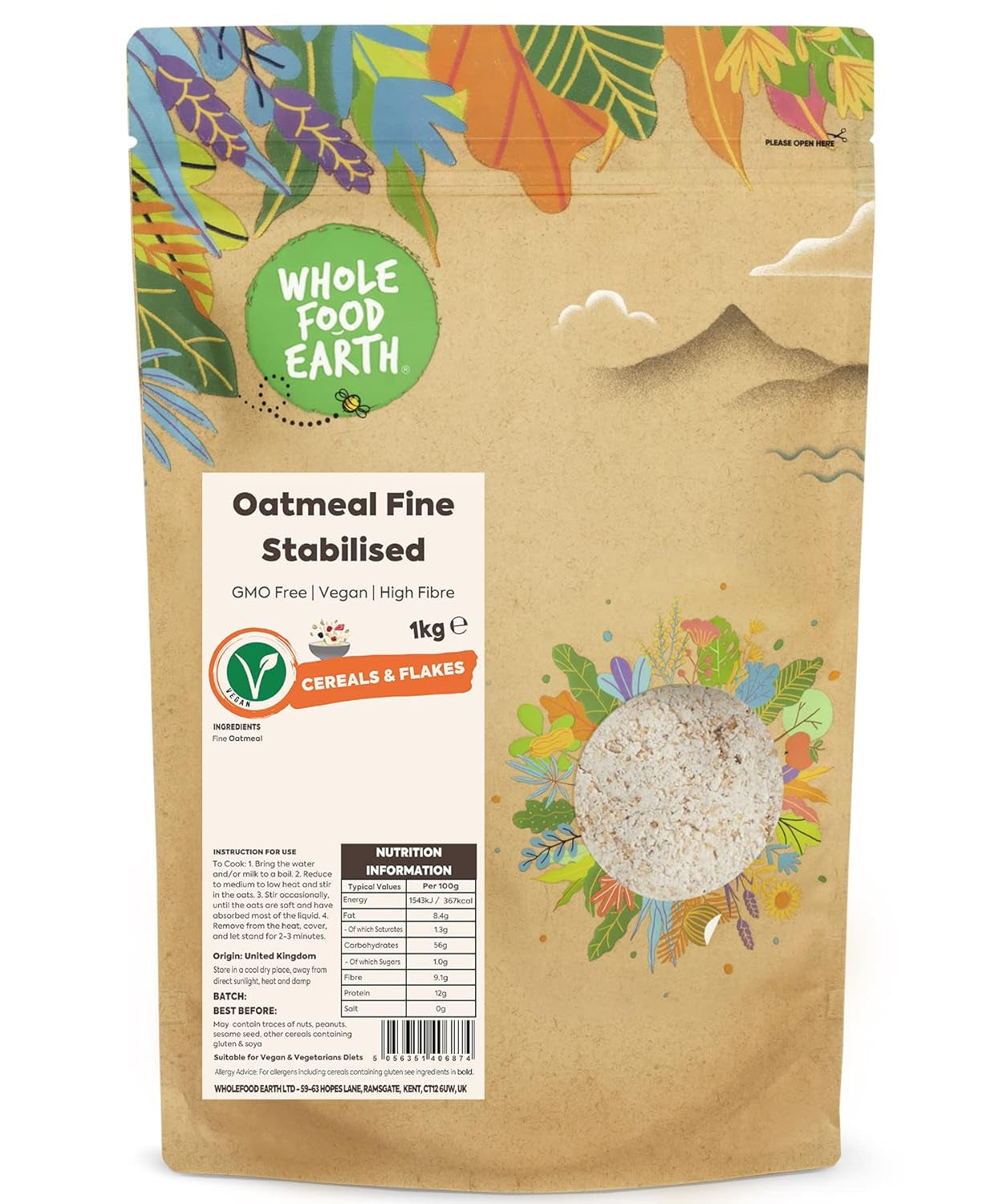 Wholefood Earth Fine Zab - nem GMO - vegán - tejmentes - hozzáadott cukor nélkül 1 kg