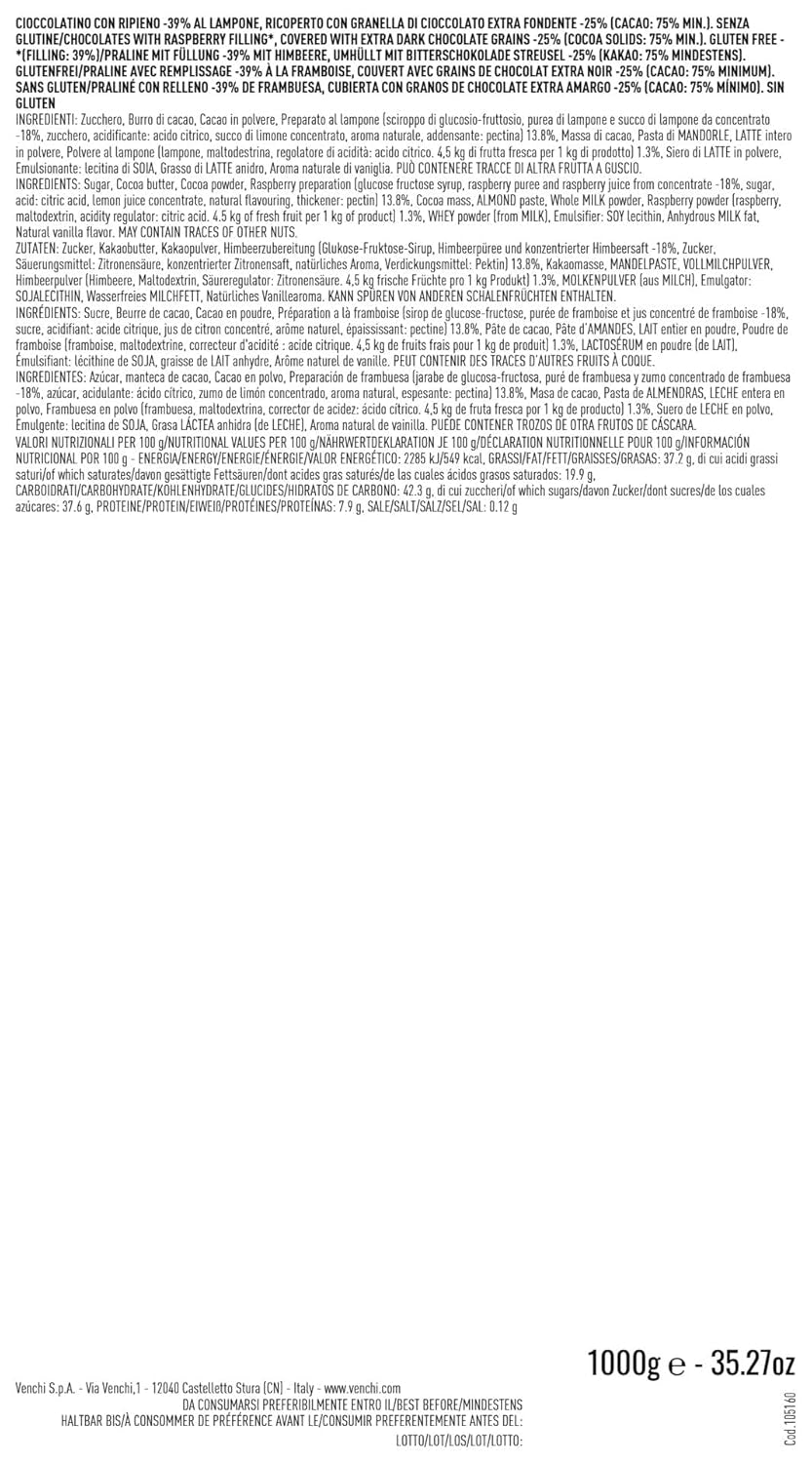 Venchi – Chocoviar Raspberry, praliné 1 kg-os tasakban, étcsokoládéval, gluténmentes, mesterséges színezék és tartósítószer nélkül