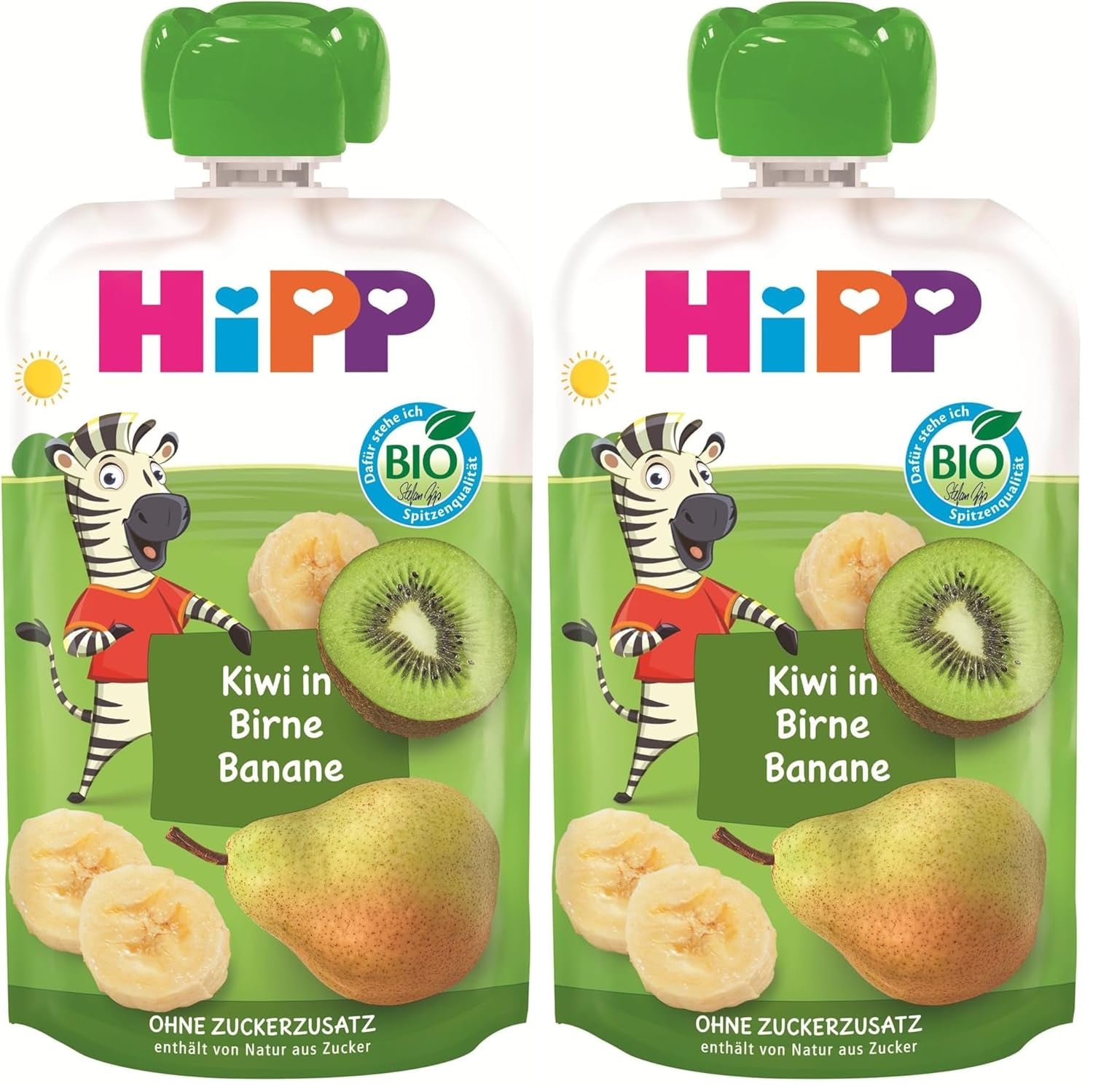HiPP Bio Quetschie Kiwi birne-banánban - Charlie Zebra (8 x 100 g), ab 1 Jahr, 100% Fruchtpüree, ohne Zuckerzusatz, vegán, a legjobb Bio-Minőségben (Packung mit 2)