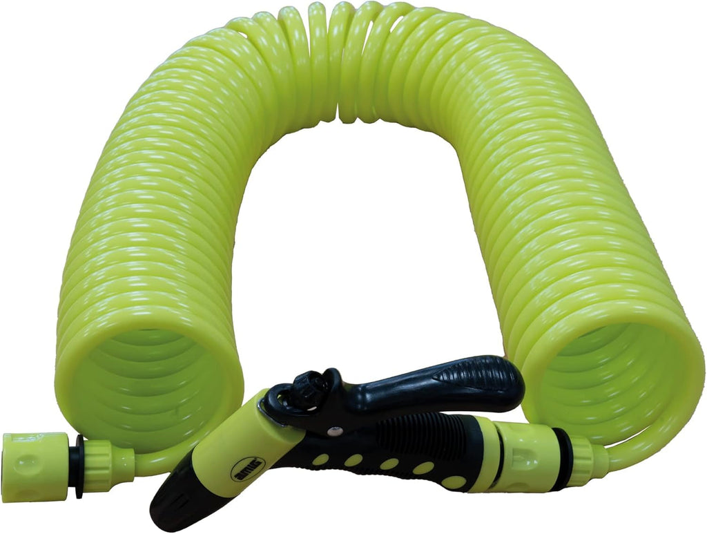 Amig - Furtun | Spiral | 15 m | Include 4 accesorii | Cu pistol de udare, adaptor pentru robinet și 2 cuplaje rapide | Cauciuc EVA | Verde fistic