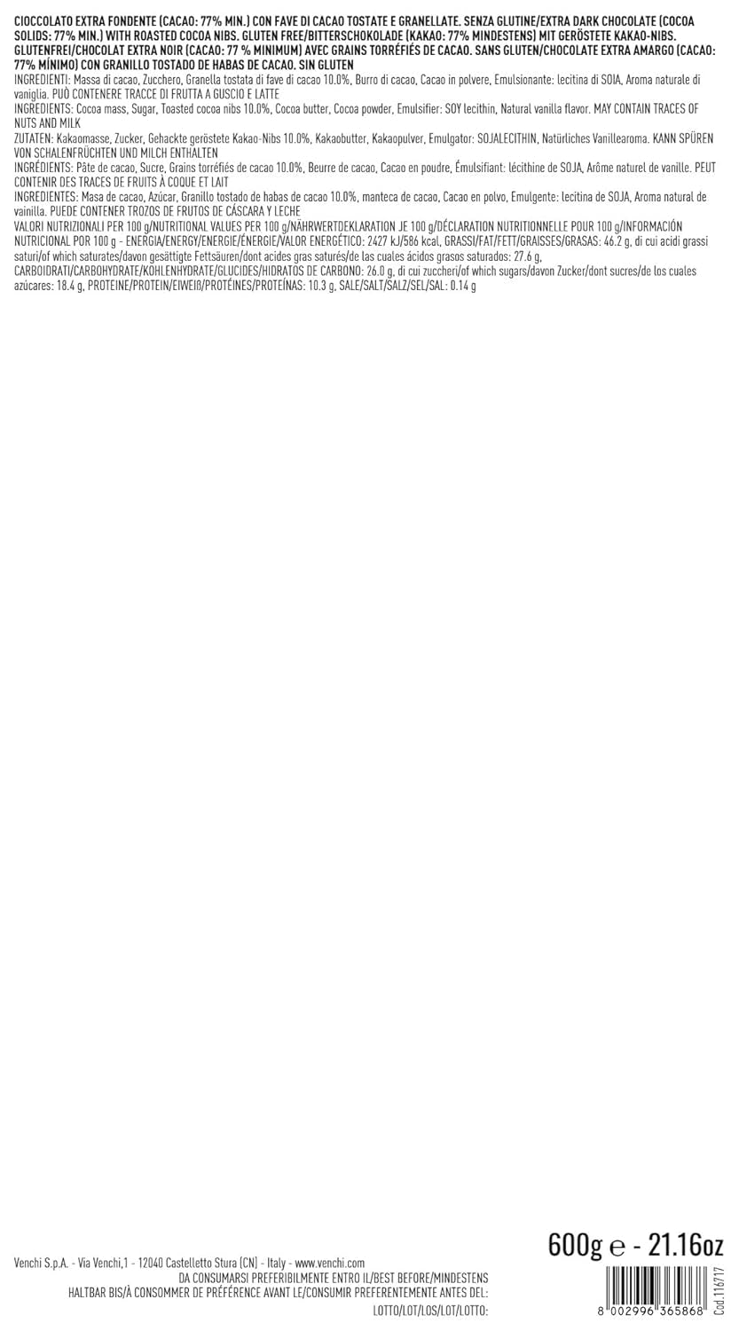 Venchi - Bar Maxi 77% Nibs, extra étcsokoládéval, kakaóbab darabokkal, 600 g, gluténmentes, színezék és tartósítószer nélkül