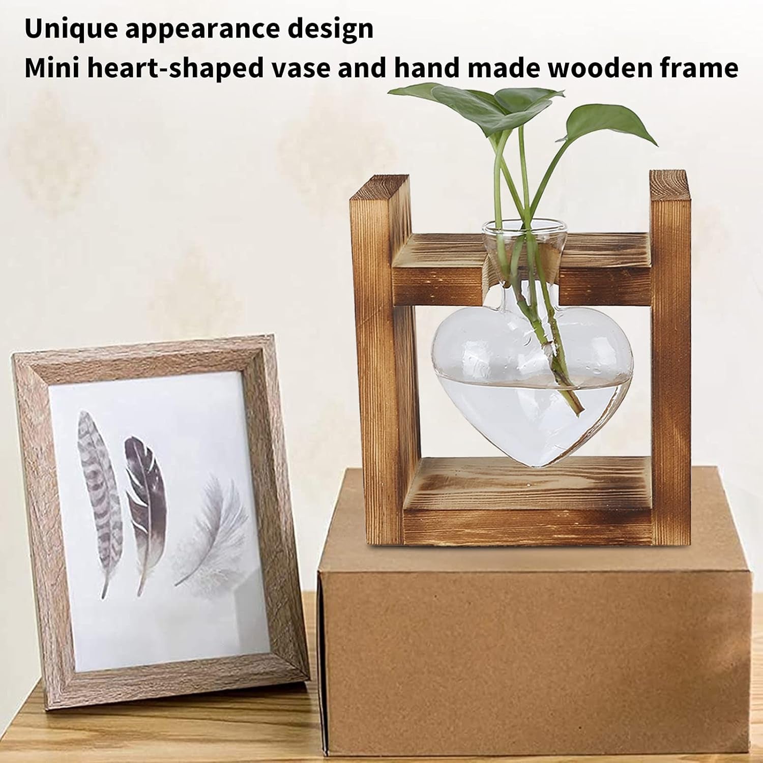 Faállványos növényterárium, szív alakú asztali váza, átlátszó üveg hidroponikus növények otthoni kert díszítésére, hidroponikus virágdekoráció irodába, nappaliba, konyhába (A)