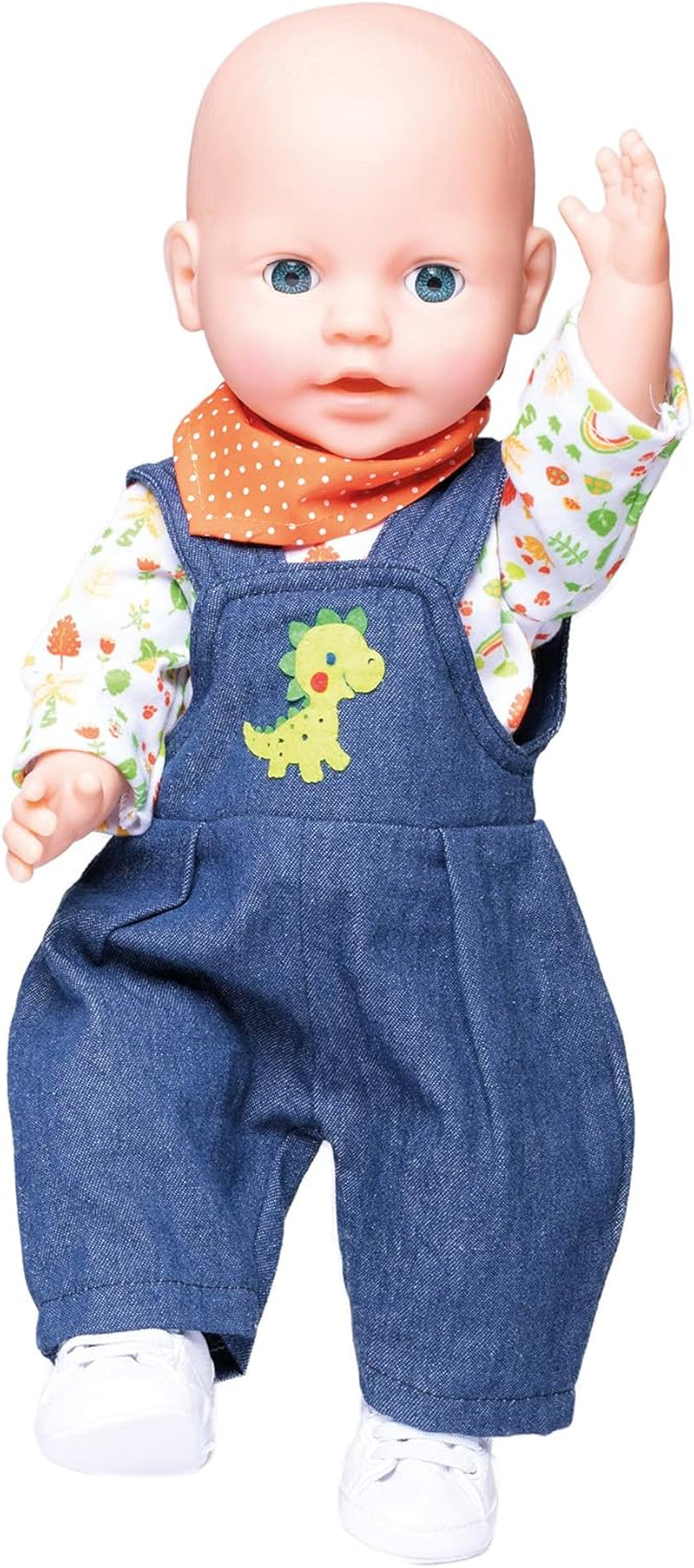 Heless 1115 - Bekleidungs-Set für Puppen im Dino-Design, 3 teilig mit Latzhose, T-Shirt und Halstuch, Größe 28-35 cm