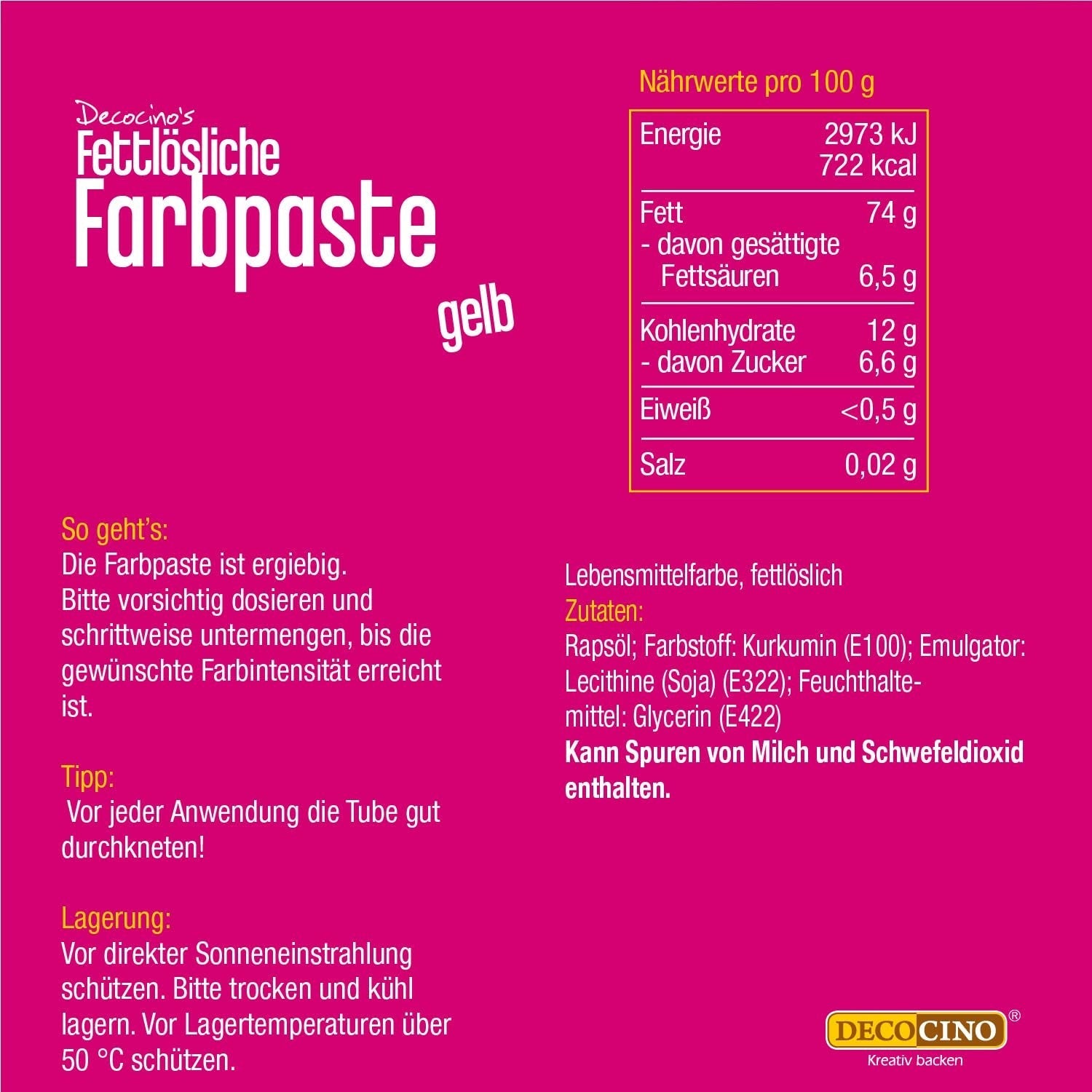 DECOCINO Pastă colorantă liposolubilă galbenă - 15 g - Colorant alimentar pe bază de ulei, ideal pentru colorarea ciocolatei, cremei de unt, fondantei sau aluatului de prăjituri