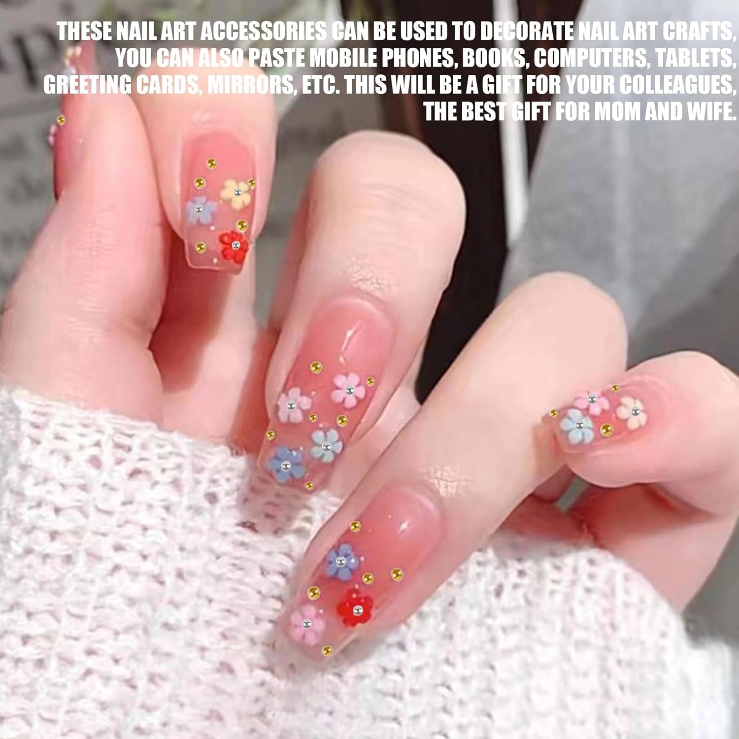 Talismani pentru unghii cu flori 3D, 12 grile de pietre pentru unghii din rășină acrilică cu flori și mărgele aurii și argintii, unghii cu gel floral, decorațiuni pentru unghii cu flori pentru femei și fete, accesorii DIY pentru manichiură