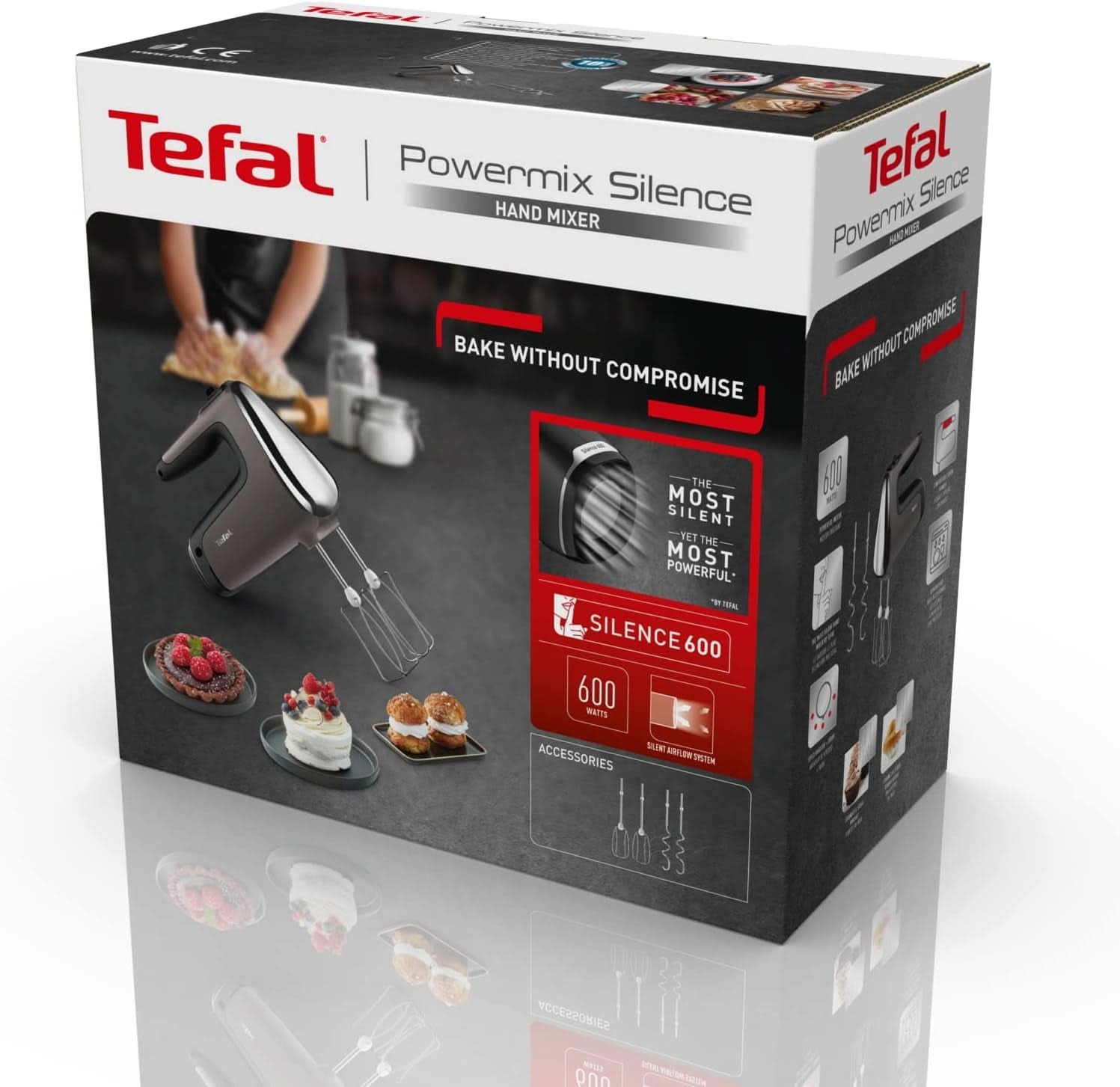 Tefal HT650E Power Mix Silence kézi keverő | 600 Watt | Változtatható fordulatszám-szabályozó | Turbo-Und Auswurf-Funktion | Extreme Leisure Engine | Incl. 2 Rührbesen Und 2 Knethaken | Búza konyha Naty Shop