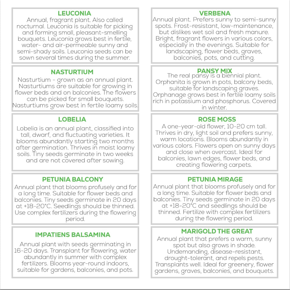Nojus virágmag készlet - 10 fajta virágmag - Erkélyes virágmag - Színes növényi magvak - 10 csomag - Vadvirágmagok - Virágmag tasakok - Ideális virágmag ajándék