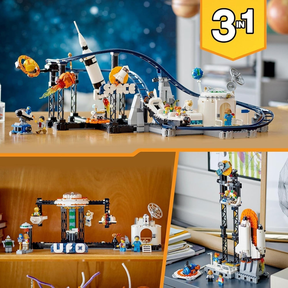 LEGO 31142 Creator 3 az 1-ben űrhullámvasút játékkészlet gyerekeknek dolgozó kocsikkal, szabadeső toronnyá vagy körhintasá alakítható rakétákkal és izzó téglákkal Építőkészletek Besuche den LEGO-Store