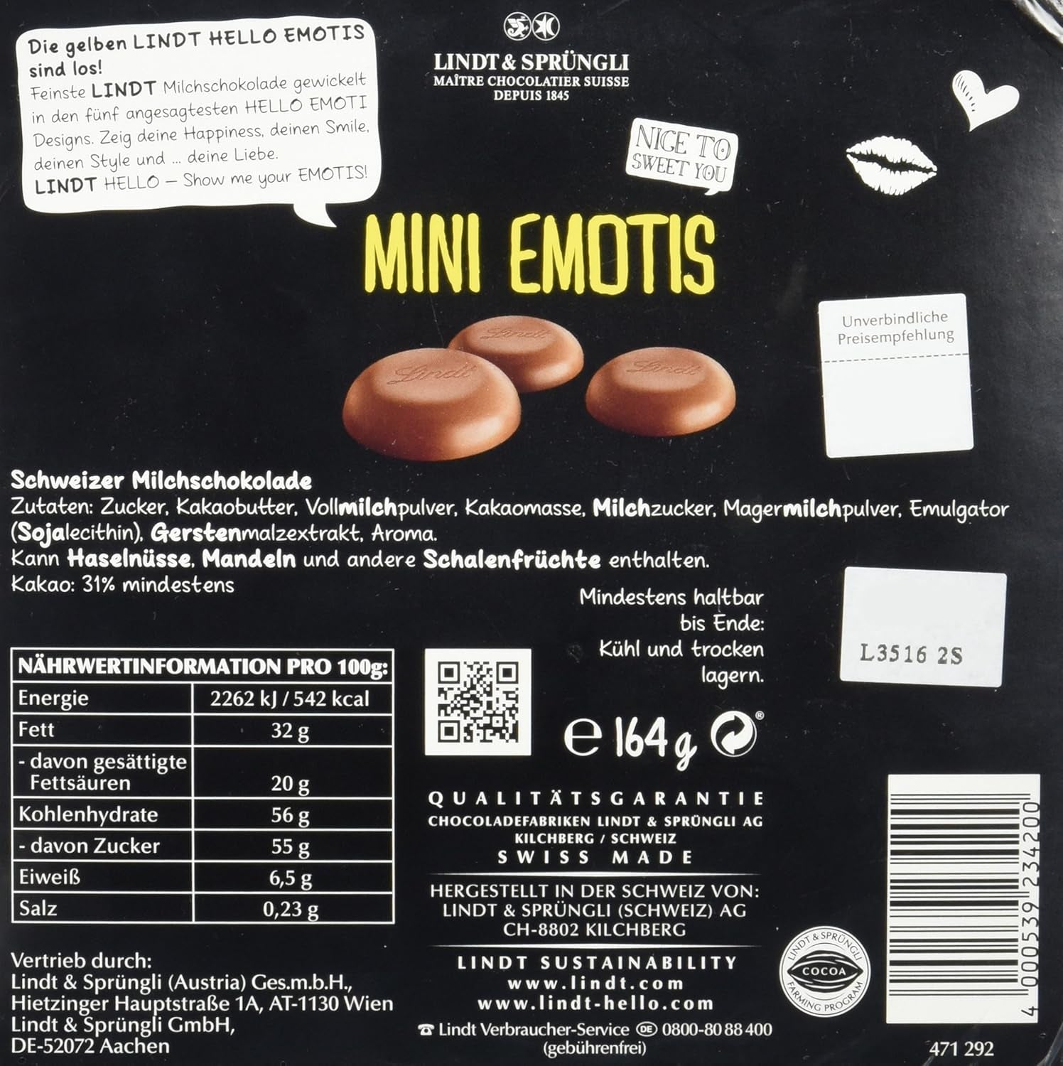 Csokoládé szortiment (37 LINDOR golyó, 24 Hello Mini rúd, 10 Mini Fioretto), csokoládé ajándék (1 x 815 g) és HELLO Mini Emoti, tejcsokoládé 5 hangulatjeles kivitelben, 164 g