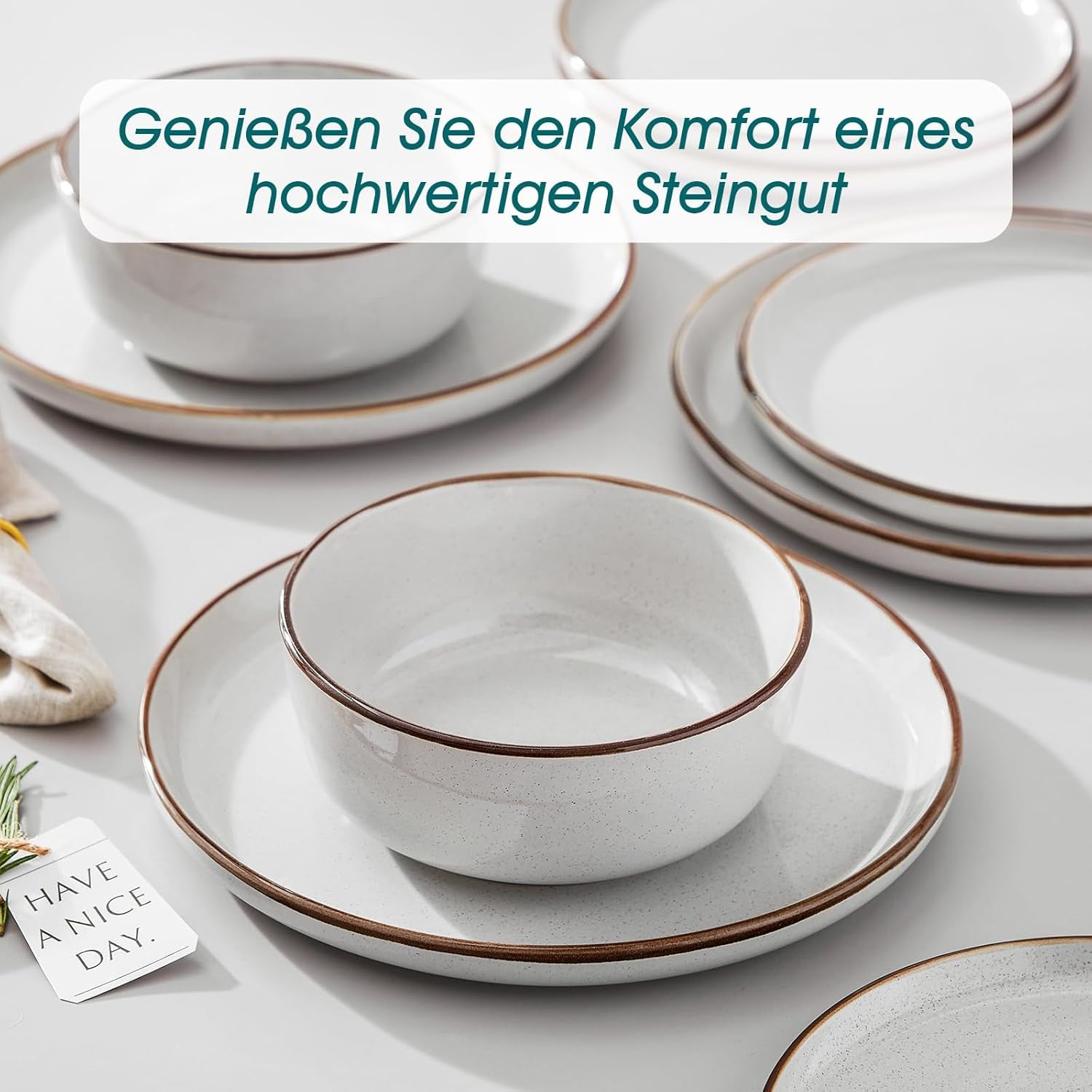 Set de veselă din gresie pentru 6 persoane, Vancasso LOIRE, serviciu de cină cu 18 piese pentru 6 persoane, gri modern, include bol, farfurie de desert și farfurie de cină, potrivit pentru cuptorul cu microunde și mașina de spălat vase
