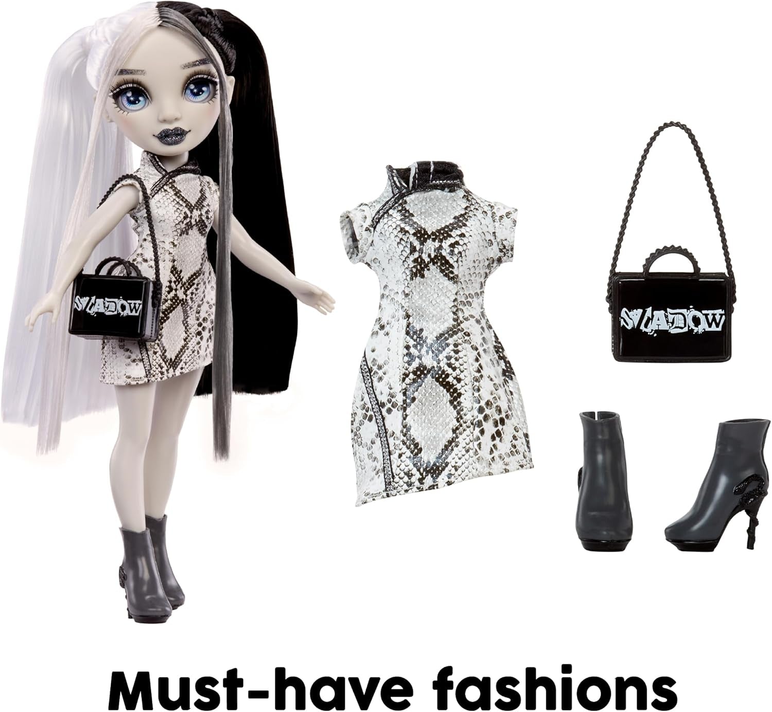 Păpușă Rainbow High Shadow High Heather Grayson - 28 cm în nuanțe de gri, păr și ținută alb-negru, geantă elegantă, cadou dulce pentru copii cu vârsta cuprinsă între 4 și 10 ani