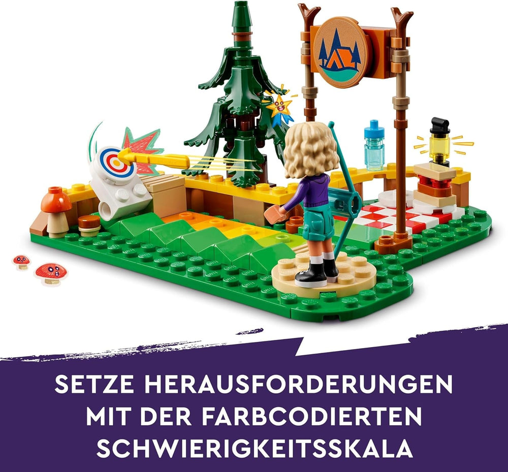 LEGO Friends íjászat az Adventure Camp Kids Kalandtáborban építőjáték íjjal és nyíllal, 2 figurával és egy mosogatóval, 6 év feletti lányoknak és fiúknak 42622 építőkészletek Besuche den LEGO-Store
