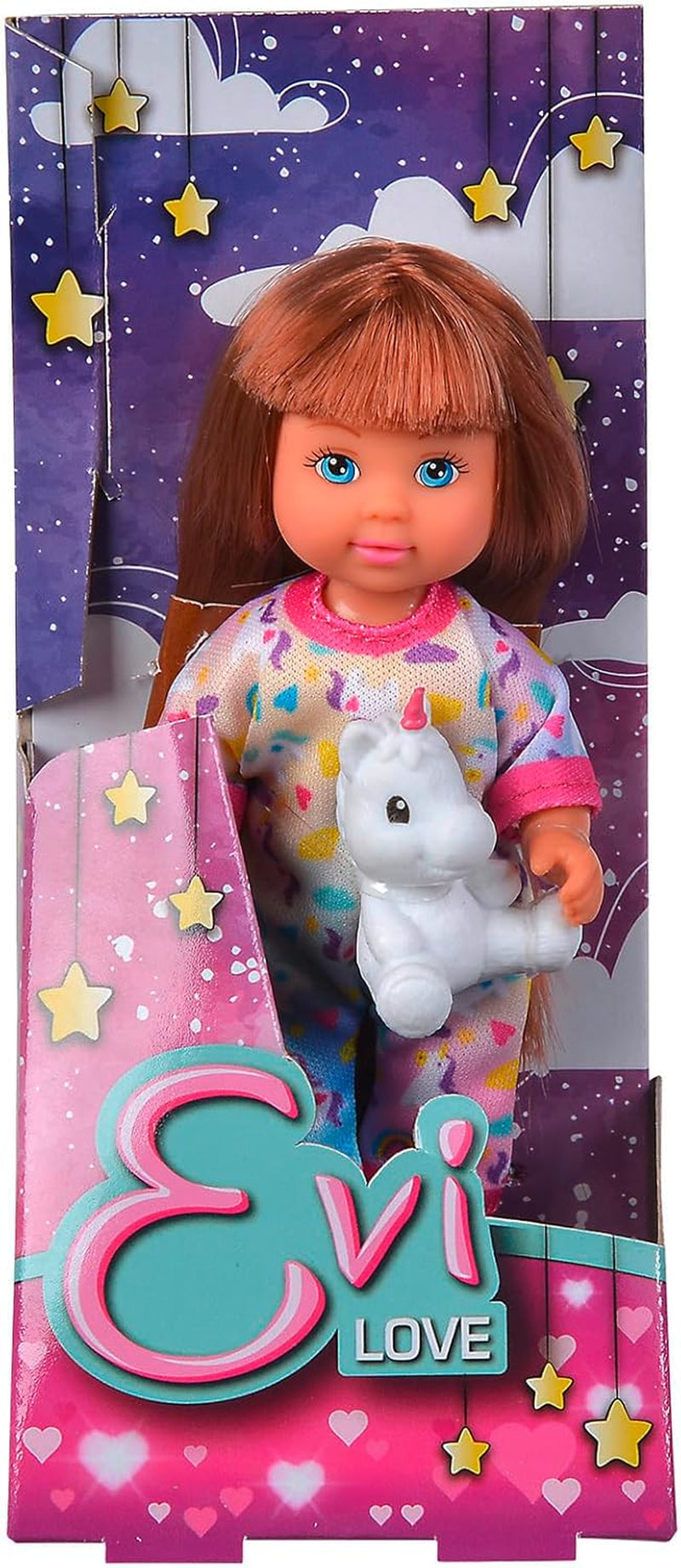Simba Evi Love Pijama, 3-Fach Sortiert, es Wird nur EIN Artikel gelifert, Puppe in einem süßen Pijama mit Einhornkuscheltier, 12cm Spielpuppe, ab 3 Years