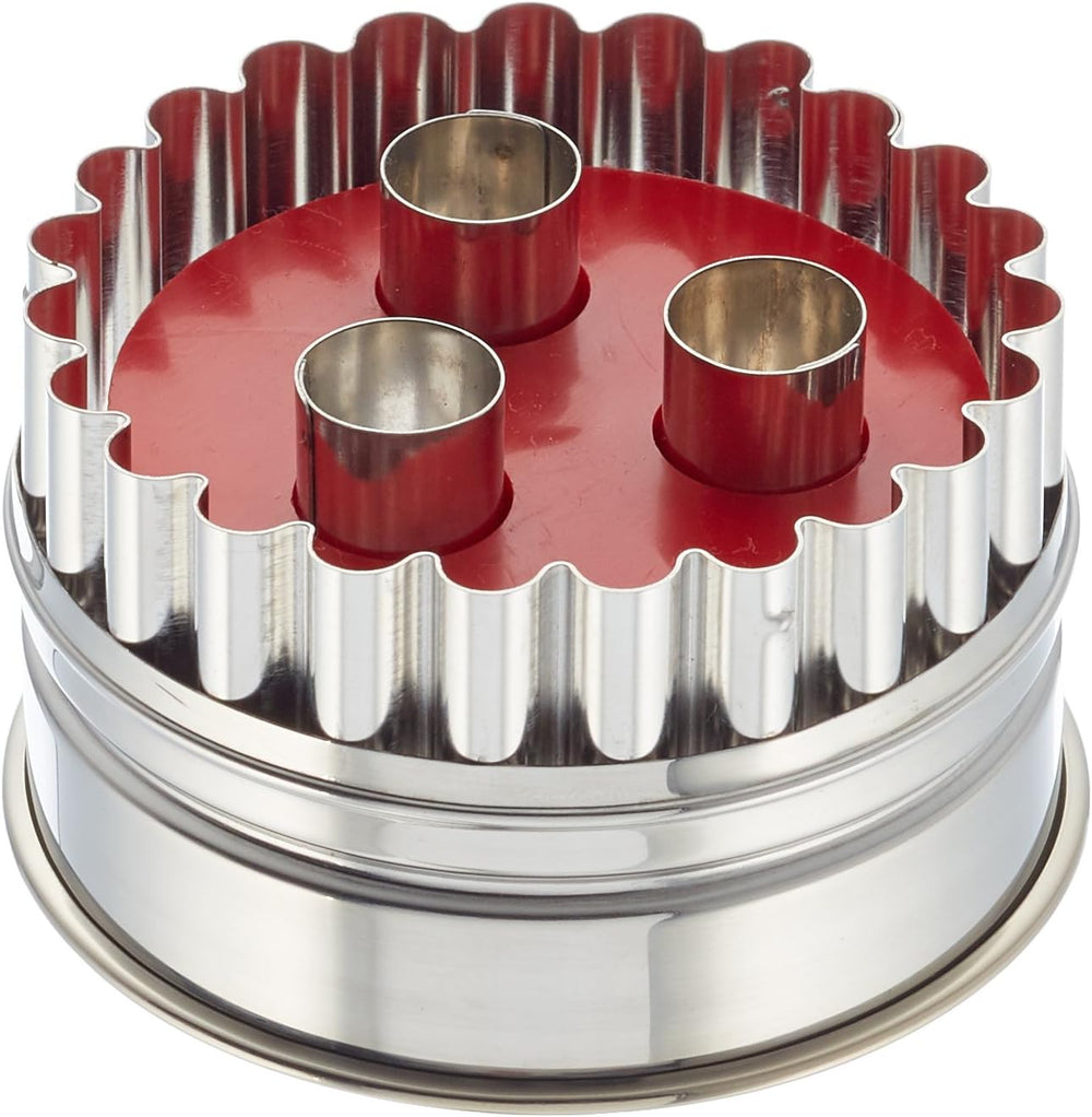 Städter 966339 formă mare de biscuiți Linzer cu ejector, 3 găuri, oțel inoxidabil, argintiu/roșu, 6,5 x 6,5 x 4 cm