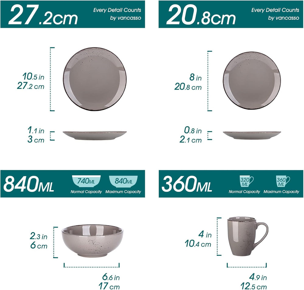 Set de veselă Vancasso pentru 12 persoane, set de veselă din gresie Navia, set combinat de 48 de piese cu farfurii, farfurii pentru salată, boluri și cești, aspect vintage, design natural