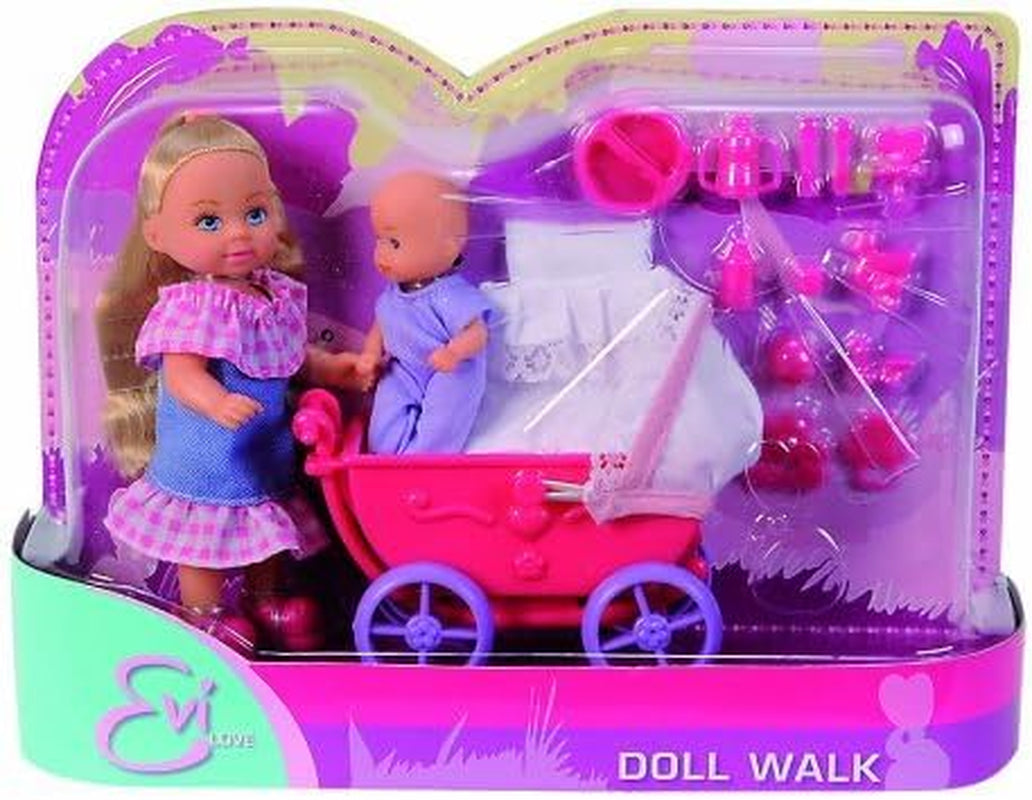 Simba 105736241 - Evi Love Doll Walk, 2-sort., Evi Puppe mit Babypuppe, mit Puppenwagen, inklusive Zubehör, Ankleidepuppe, 12cm, für Kinder ab 3 Jahren