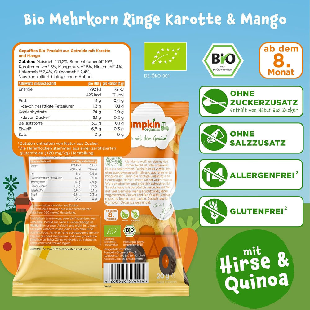 Pumpkin Organics többszemű sárgarépa- és mangókarikák (8 db-os csomag) Adalékanyagmentes csecsemőfalatok 12 hónapos kortól - Allergénmentes² és gluténmentes³ roppanós babafalatok (8 x 20 g)