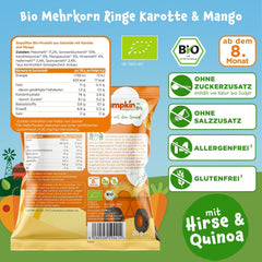 Pumpkin Organics többszemű sárgarépa- és mangókarikák (8 db-os csomag) Adalékanyagmentes csecsemőfalatok 12 hónapos kortól - Allergénmentes² és gluténmentes³ roppanós babafalatok (8 x 20 g)