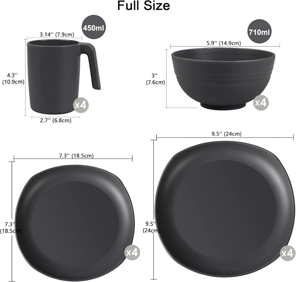 Set de veselă din PP | Set de veselă ușor și indestructibil, format din 16 piese, pentru copii și adulți, set combinat de masă cu 4 farfurii, 4 farfurii de desert, 4 boluri, 4 cești pentru 4 persoane