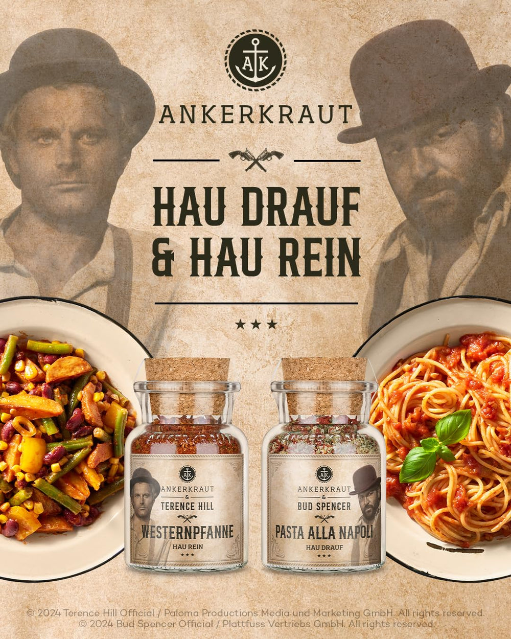 Ankerkraut Bud Spencer & Terence Hill Bagaluten Gewürz-Box, mit Westernpfanne und Pasta alla Napoli, Geschenk-Set, lecker kochen, 195 g Gewürze Inhalt