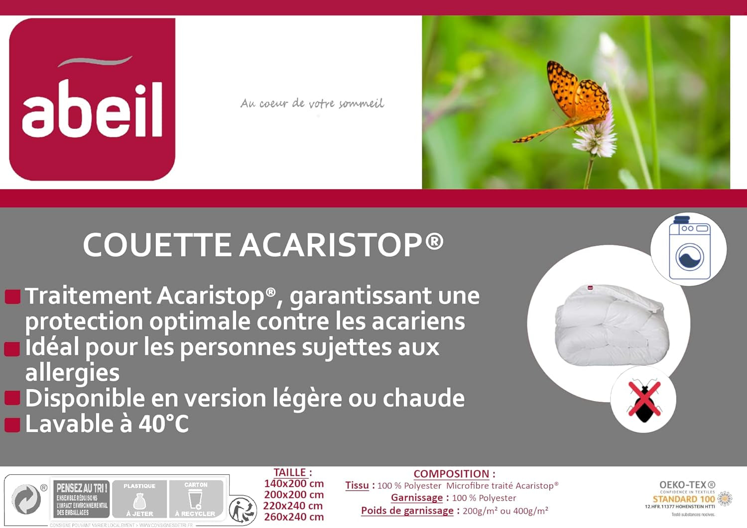 Abeil Paplanhuzat Acaristop atka- és antibakteriális hatással, poliészter, fehér, 140 X 200 cm Paplanok és paplanok Naty Shop