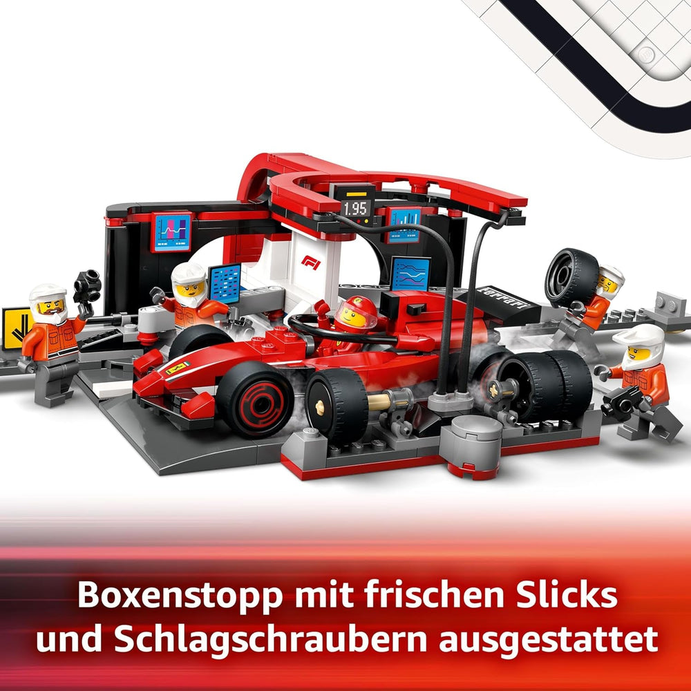 LEGO City F1 Pit Stop Pit Crew-val és Ferrari Flitzerrel - Formel 1 Pit Stop készlet 1 versenyzővel és 4 szerelő minifigurával - Spielzeug Rennauto für Boys und Mädchen ab 6 Jahren - 60443