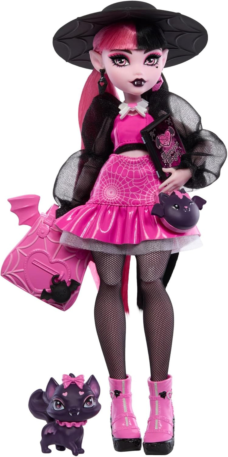 Monster High Draculaura baba kedvencével, Count Fabulous denevér macskával és olyan kiegészítőkkel, mint a hátizsák, varázskönyv, bento doboz és még sok más, HRP64 Naty Shop Dolls Count Fabulous