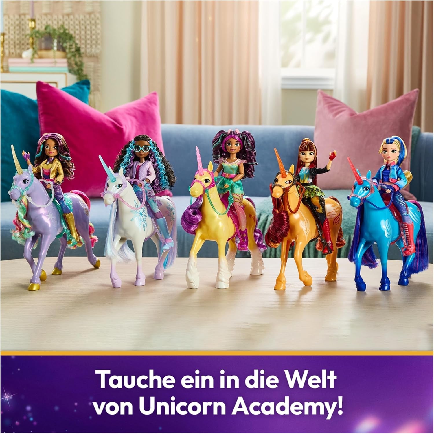 Unicorn Academy Einhorn Leaf - 28 cm groß, Original-Einhorn von Ava zur Netflix-Serie, mit echter Mähne und Schweif, abnehmbarem Zaumzeug und Sattel sowie Bürste, für Kinder ab 4 Jahren