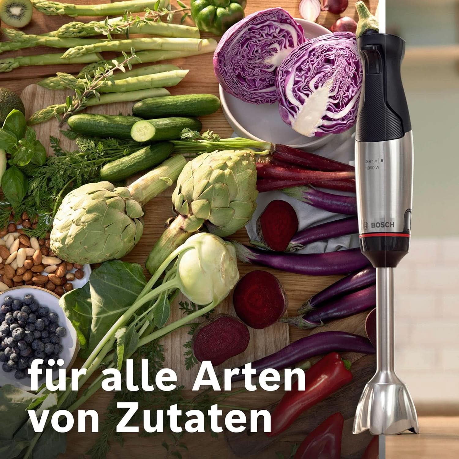 Bosch Stabmixer Ergomaster Serie 6 MSM6M623, 10 Jahre Motorgarantie, Edelstahl-Klingen, Verschleiãÿfreie Keramik-Kupplung, Luftkühlung, Zerkleinerer, Kartoffelstampfer, Schneebesen, 1000 W, Naty Shop, Naty Shop