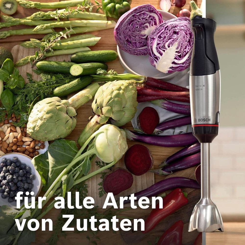 Bosch Stabmixer Ergomaster Serie 6 MSM6M623, 10 Jahre Motorgarantie, Edelstahl-Klingen, Verschleiãÿfreie Keramik-Kupplung, Luftkühlung, Zerkleinerer, Kartoffelstampfer, Schneebesen, 1000 W, Naty Shop, Naty Shop