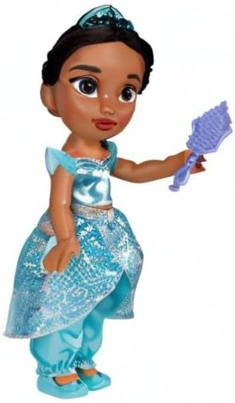 Disney Princess Jasmin Puppe 35 cm, reflektierende Glitzeraugen, bewegliche Gelenke, ausziehbares Outfit, Schuhe, Krone, langes geflochtenes Haar, für Mädchen ab 3 Jahren