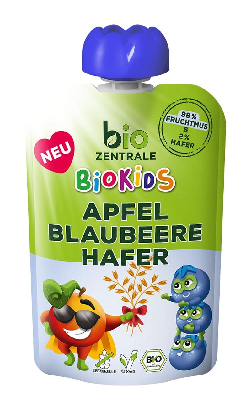 Biozentrale Biokids Gyümölcspüré alma áfonya zab | 12X90G | Vegán gyümölcs zab snack | Hozzáadott kristálycukor nélkül Mother and Child Naty Shop