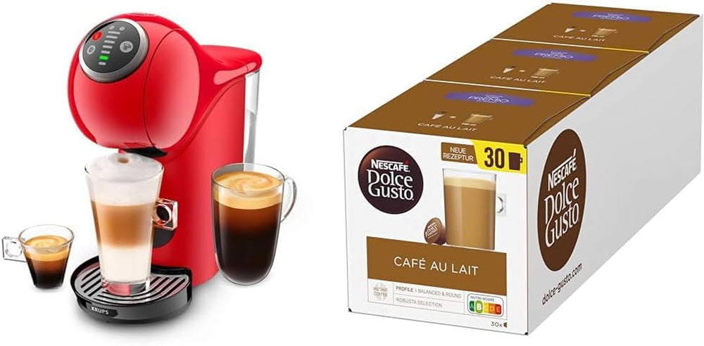 Krups KP3405 NESCAFÉ Dolce Gusto Genio S Plus Capsule Machine, Espresso Boost, Temperature Selection, Hot and Cold Drinks, 15 Bar Pump Pressure, 0.8 L Water Tank, 1500Watt, Colour Red mit Café au Lait