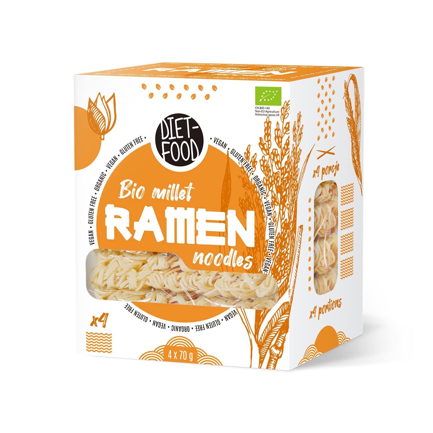 DIÉT-ÉTEL Bio hajdina ramen tészta, vegetáriánus és vegán ételek, zsírmentes, szójamentes, gluténmentes, vízben oldódó diétás tészta, alacsony kalóriatartalmú, 280 g