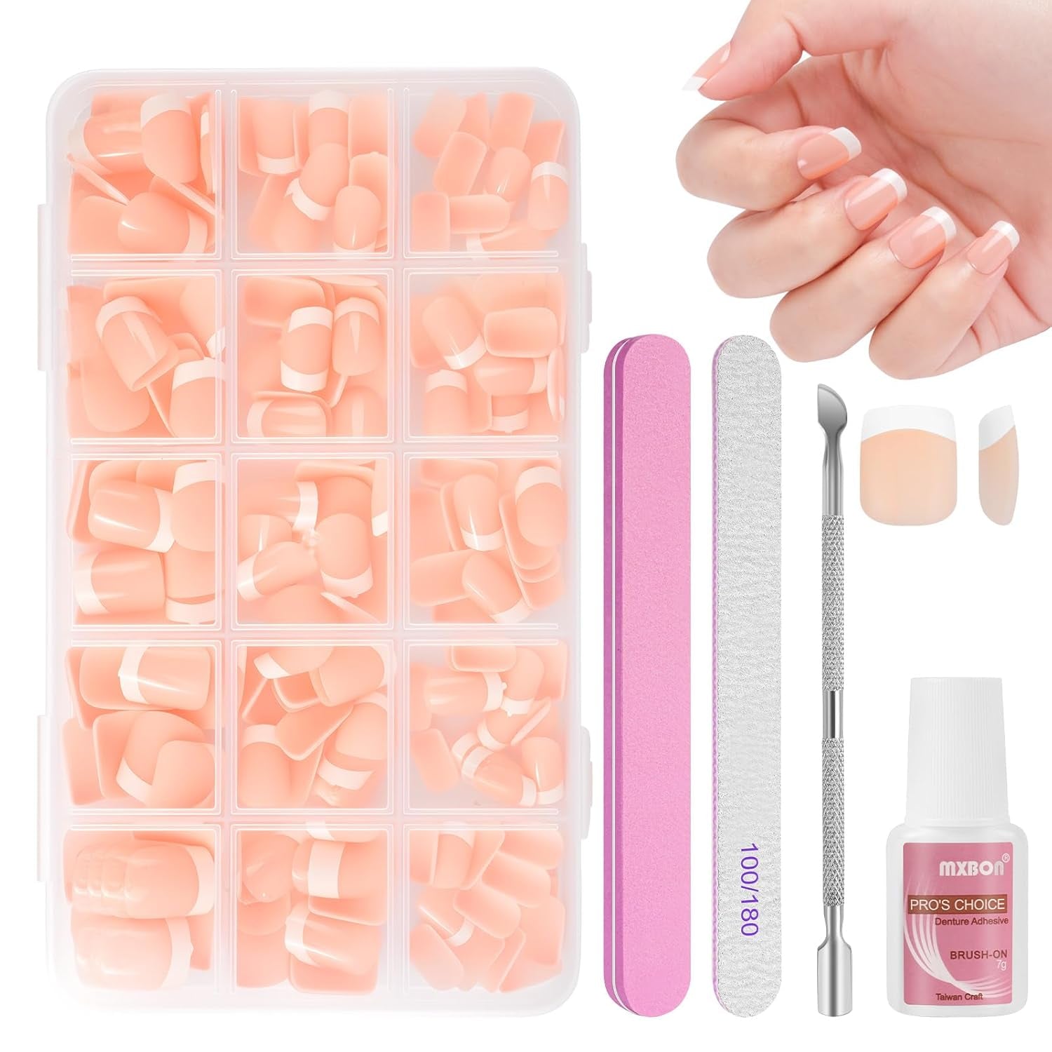 Set de 240 de vârfuri pentru unghii false, unghii false franțuzești pentru lipit, set de unghii franțuzești cu presă, 12 mărimi, unghii false cu lipici pentru femei și bărbați (alb nud mediu migdală)