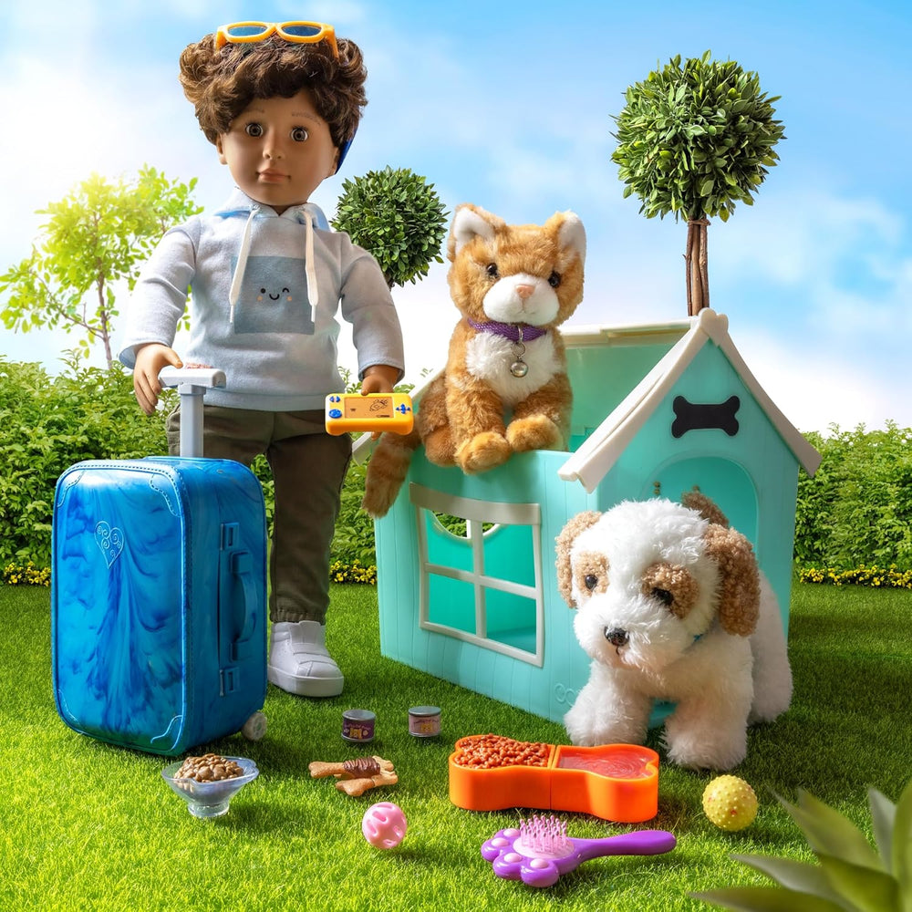 Our Generation – Milo – Păpușă băiat 46 cm – Ochi căprui realiști și păr castaniu creț – Bagaj cu roți și accesorii de călătorie – Joc de simulare – Jucărie pentru copii cu vârsta de 3 ani și peste