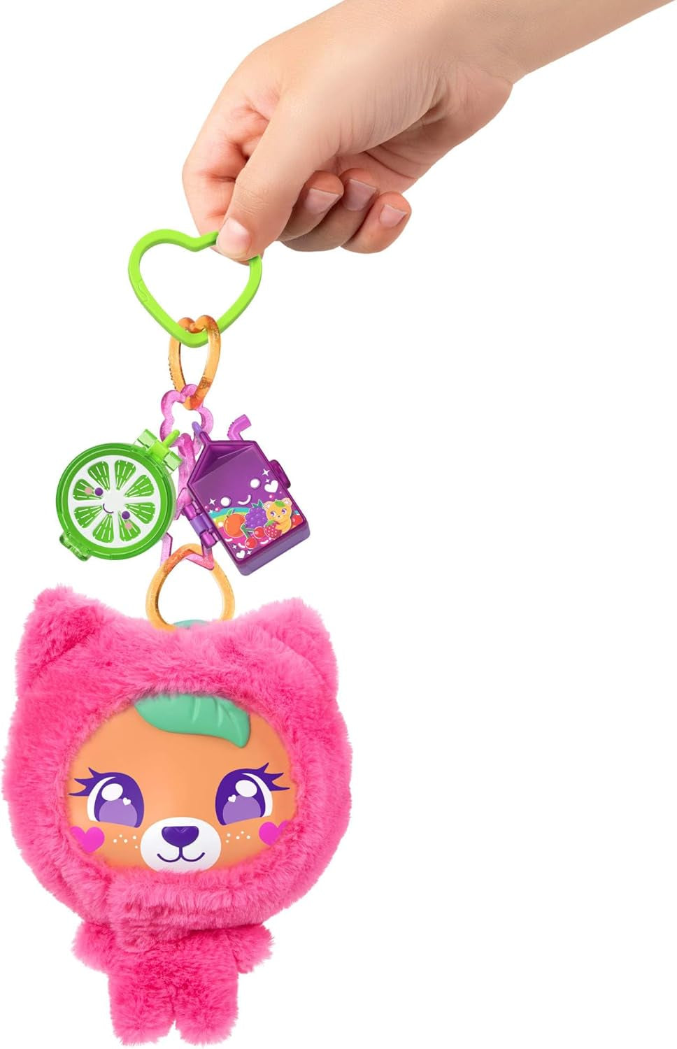 Polly Pocket Puppen- und Haustier-Spielset, Plüschbär-Schatulle, Schlüsselanhänger und Plüschtier, Obst-Zubehörteile und Anhänger, JKC79