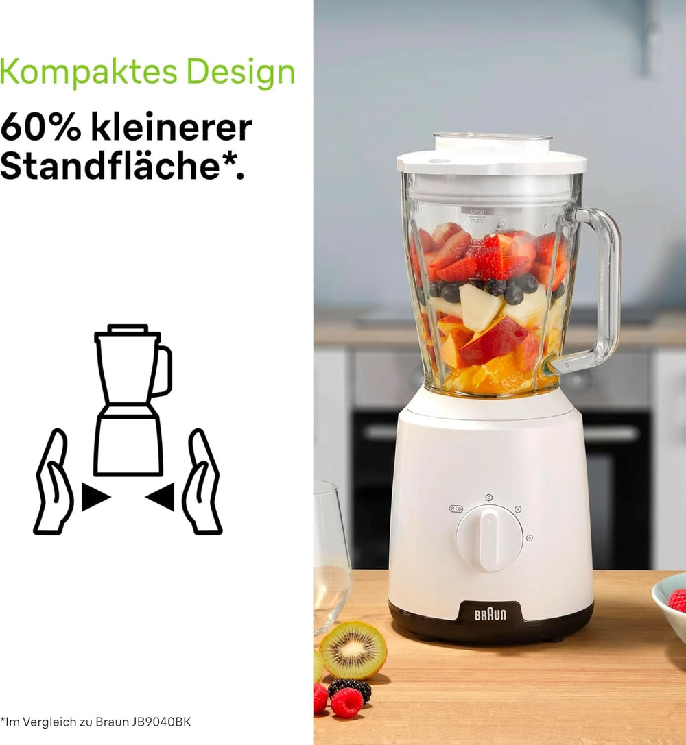 Braun Powerblend 1 JB1050WH - Állványkeverő Mit 1,5 L Glas-Mixaufsatz, Küchenhelfer Zum Zerkleinern, Pürieren & Mixen, Ice-Crush-Funktion, 2 Geschwindigkeiten, 600 Watt, Weiß Kitchen Naty