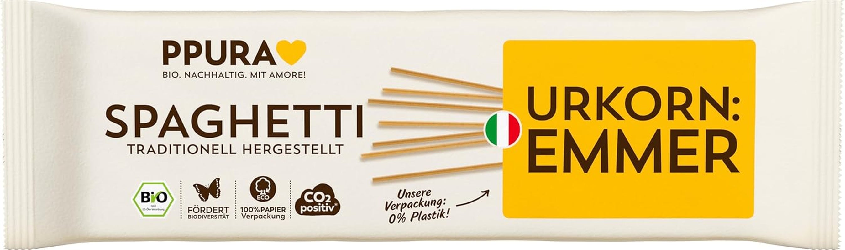 PPURA Organic Spaghetti Pasta Emmerrel 500g, 100%-ban természetes emmer spagetti, Olaszországban készült - Olasz tészta adalékanyagok, színezékek és tartósítószerek nélkül