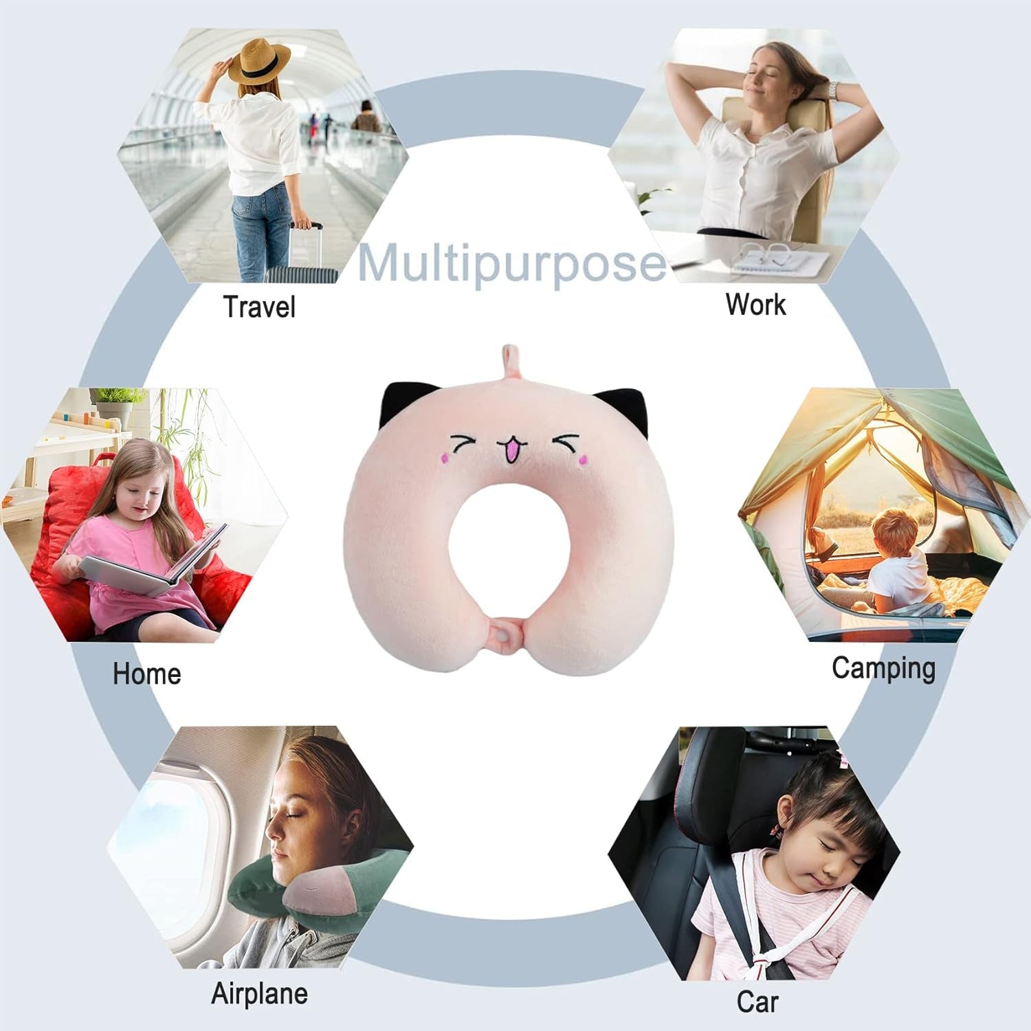 Pernă pentru gât, pernă pentru gât copii pentru călătorii cu avionul, mașina, trenul, pernă de călătorie cu spumă de memorie pentru adulți, pernă în formă de U cu motiv drăguț de animale, pernă Capac detașabil (roz2) Perne ortopedice cervicale Naty Shop