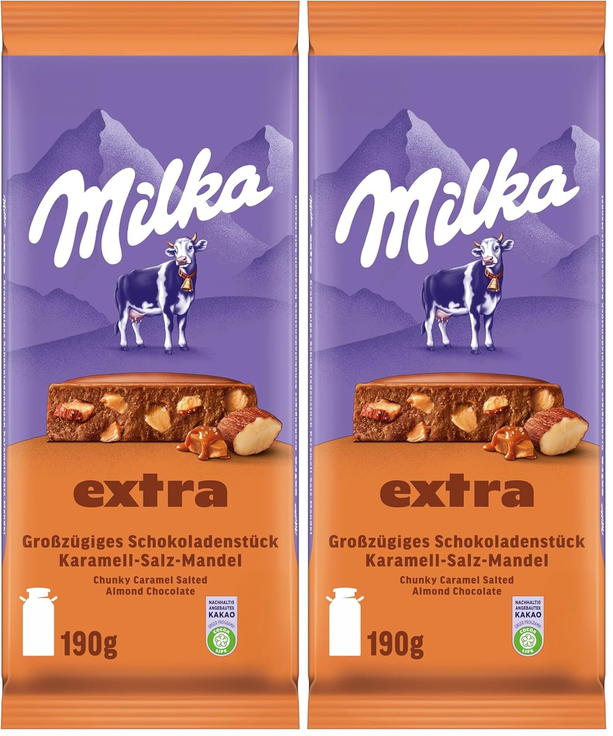 Milka Extra Caramel Salt Mandula - alpesi tejcsokoládé karamellszeletekkel, mandulával és egy csipet sóval - 190g
