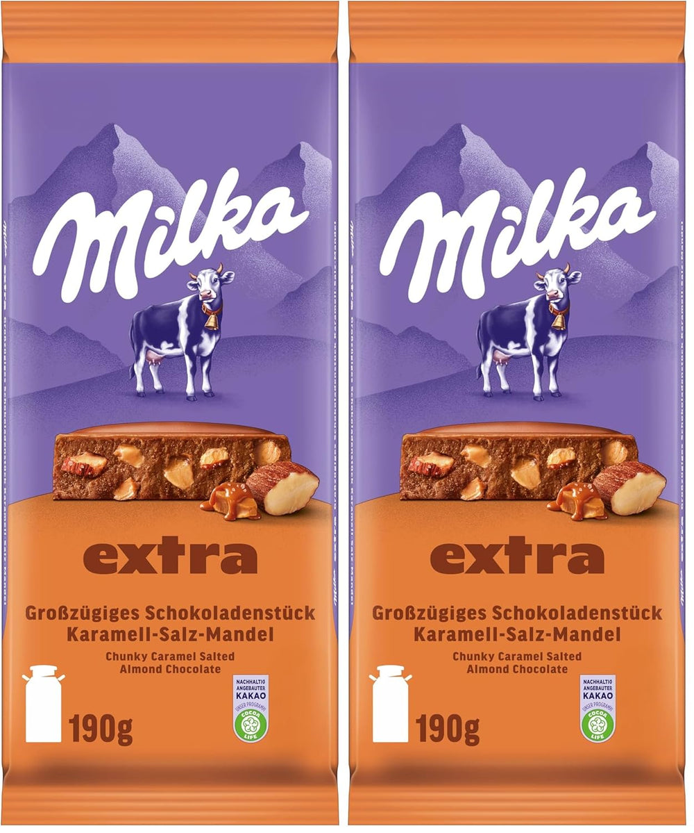 Milka Extra Caramel Salt Mandula - alpesi tejcsokoládé karamellszeletekkel, mandulával és egy csipet sóval - 190g