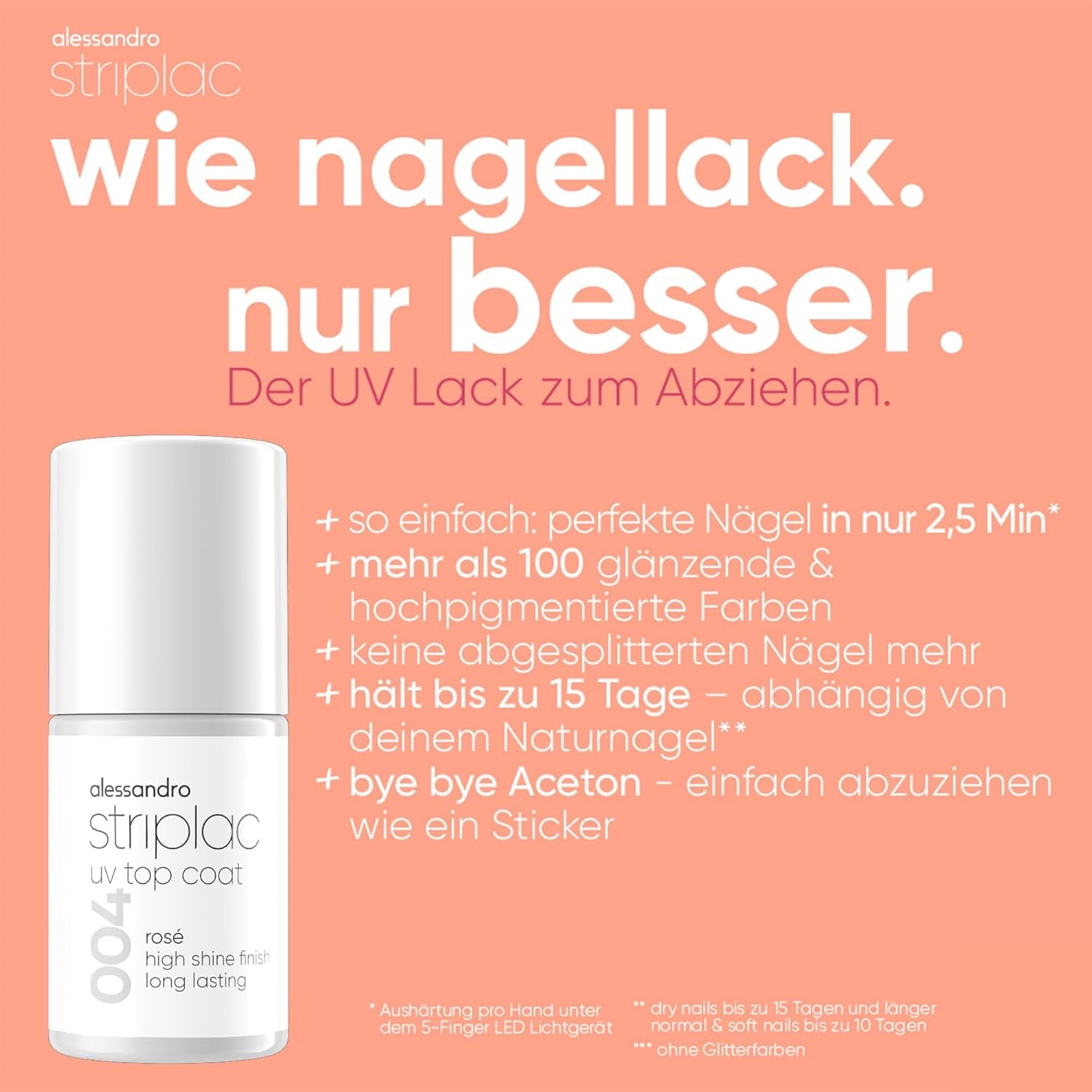 alessandro Striplac UV Top Coat Rosé - Fényes, karcálló körmök akár 15 napig - Használható színnel és szín nélkül is - Gyengéd eltávolítási technológia - Vegán - Rózsaszín, Átlátszó, 6,5 ml