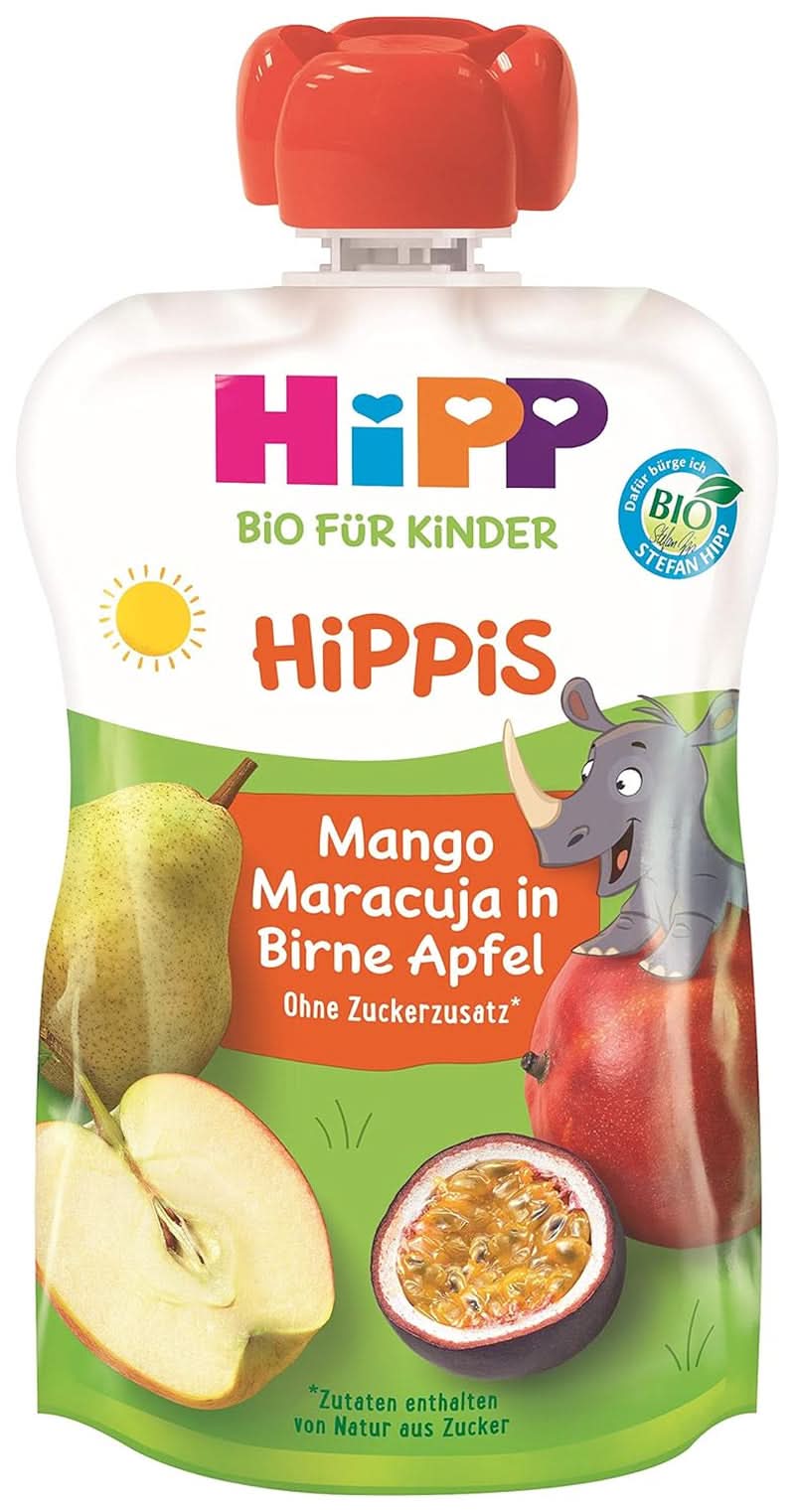 Hipp Super-Hippis préselt zacskók, gránátalma acerola almás-málnában, 100% bio gyümölcs hozzáadott cukor nélkül, 6 zacskó 100 g Mother and Child Naty Shop 6 x 100 gramm mangó, maracuja, körte, alma
