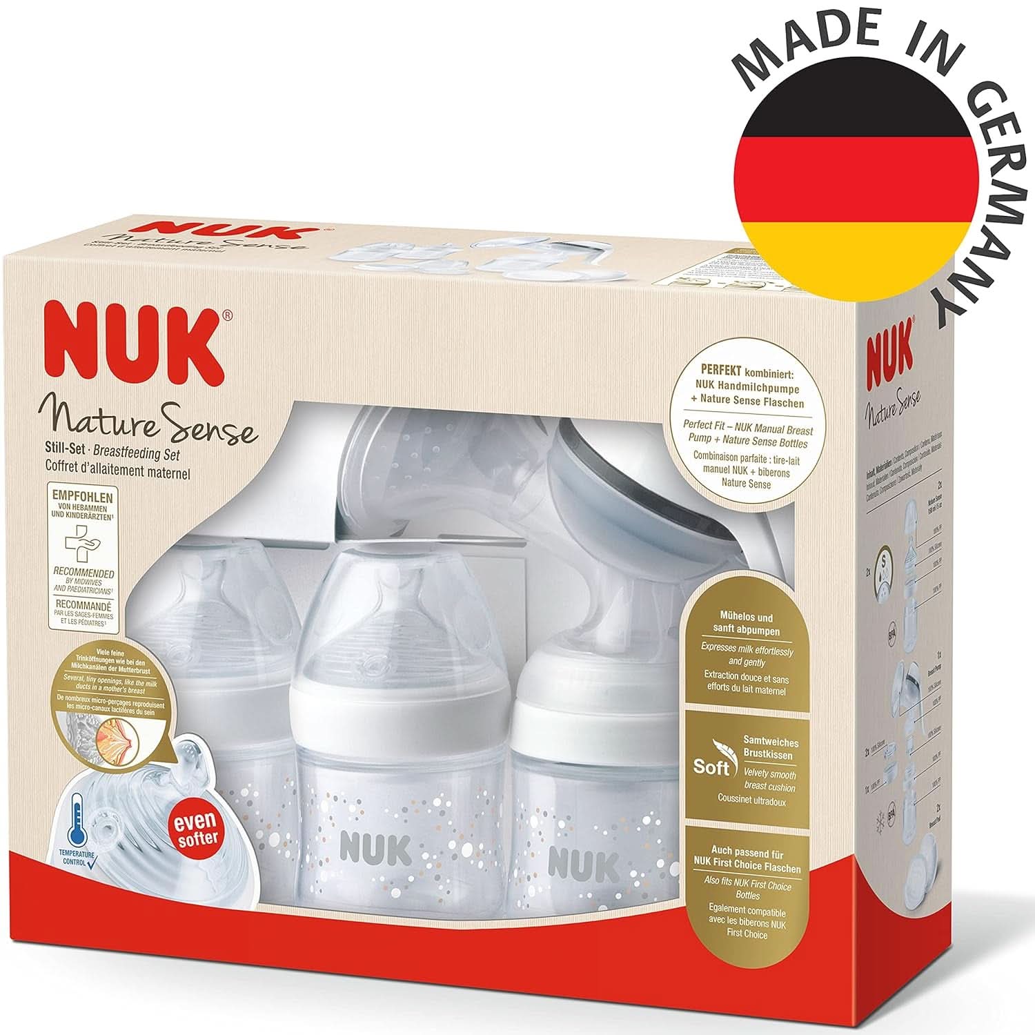 NUK Nature Sense kézi mellszívó | Szoptatós készlet kézi mellszívóval, cumisüvegekkel és szoptatóbetétekkel Ultra Dry Comfort | 6 db Bébiétel és szoptatási kiegészítők Naty Shop