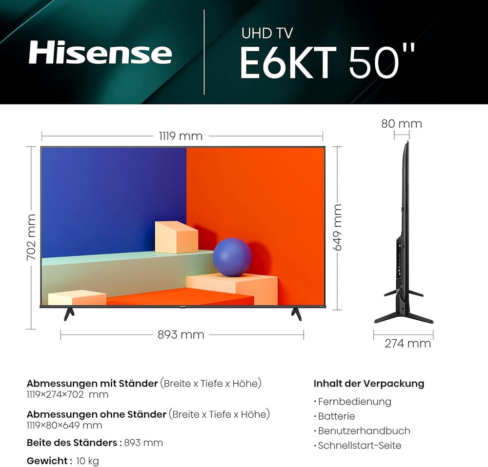 Hisense 50E6KT Televizor 127cm (50 inch), 4K UHD, LED, Smart TV, HDR, Dolby Vision, Tuner triplu DVB-C/S/S2/T/T2, WiFi, Bluetooth, Alexa încorporată, Mod Hotel [2023], negru