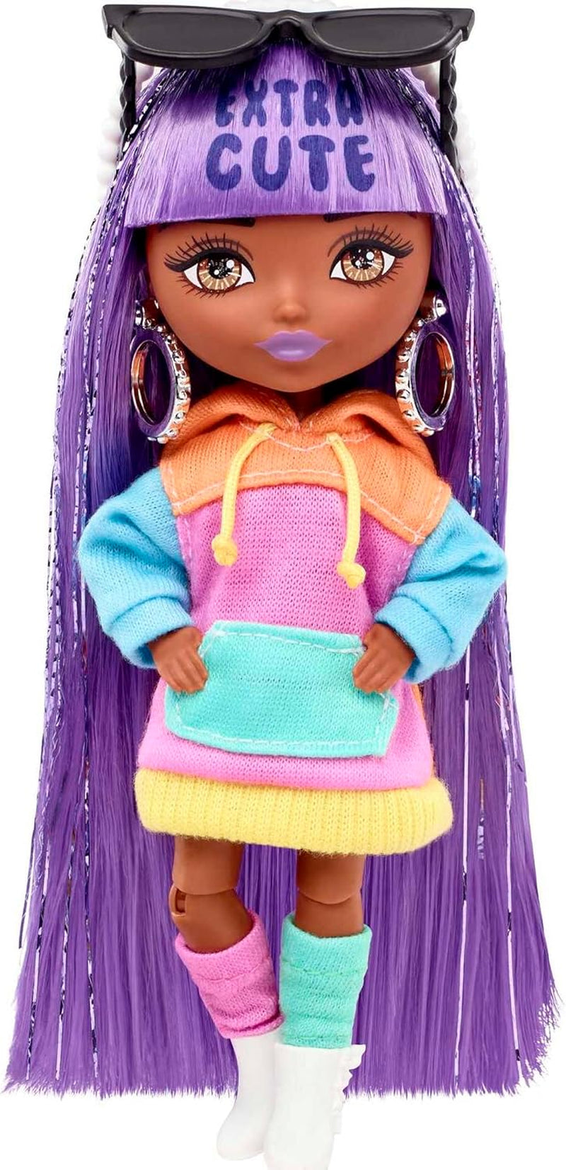 Barbie Extra Minis, blondem Pferdeschwanz, Goldener Krone, Ohrringen und Königinnengürtel, lila Diamanttasche, rosa Paillettenkleid, inkl. Barbiepuppe, Geschenk für Kinder ab 3 Jahren,HJK67