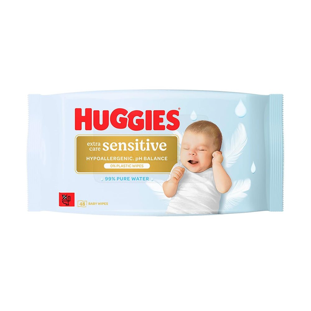 Huggies Pure Extra Care Sensitive baba törlőkendők, 99% víz, műanyag mentes, illatanyag mentes