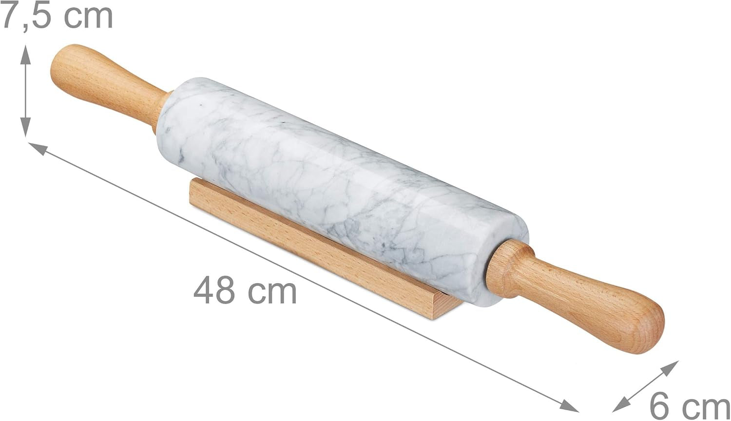 Relaxdays Nudelholz Marmor, Griffe aus Holz, Teigroller zum Kochen & Backen, mit Ablage, 48 cm, schwere Backrolle, weiß