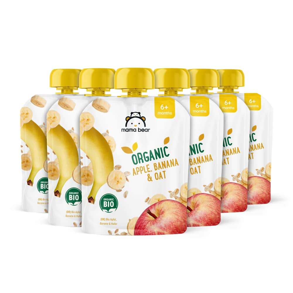 Mama Bear, piure organic diferite fructe, set 6 x 90 grame Mama si Copilul Naty Shop 6 x 90 grame Mere, banane și fulgi de ovăz